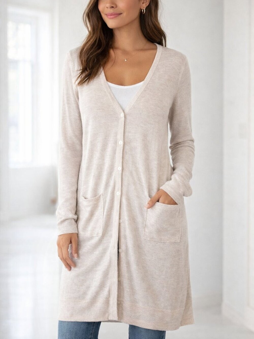 Bershka Longline Knit Cardigan Beige Button Front Pockets Size Small